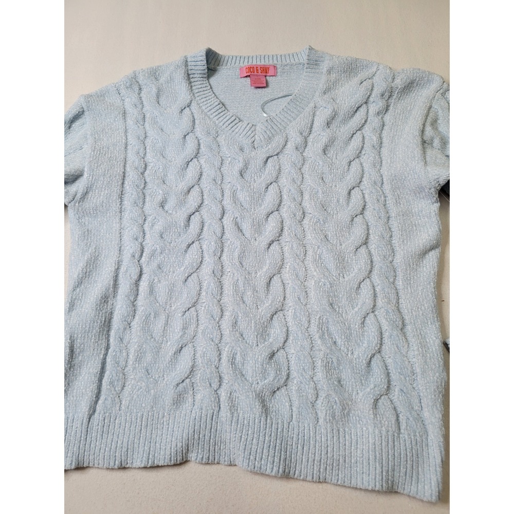 Coco & Shay Light Blue Chenille Cable Knit V-Neck Sweater Womens Large 1226